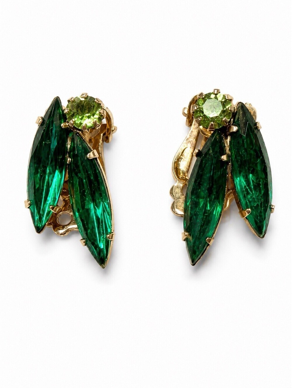 Vintage Green Rhinestone Gold Tone Clip On Earrings Emerald Navette